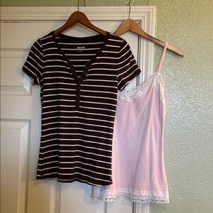 Hollister Set of 2 - Brown & Pink Striped Henley Tee and Pink & White Lace Cami